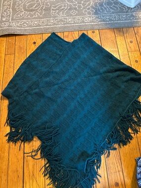 Fringed Teal Knit Poncho